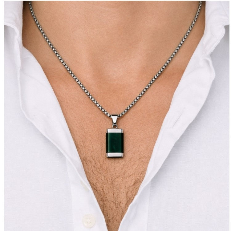 Stainless steel Moss Agate pendant with open link chain, featuring polished gemstone and sleek metal setting, by T.M.J.