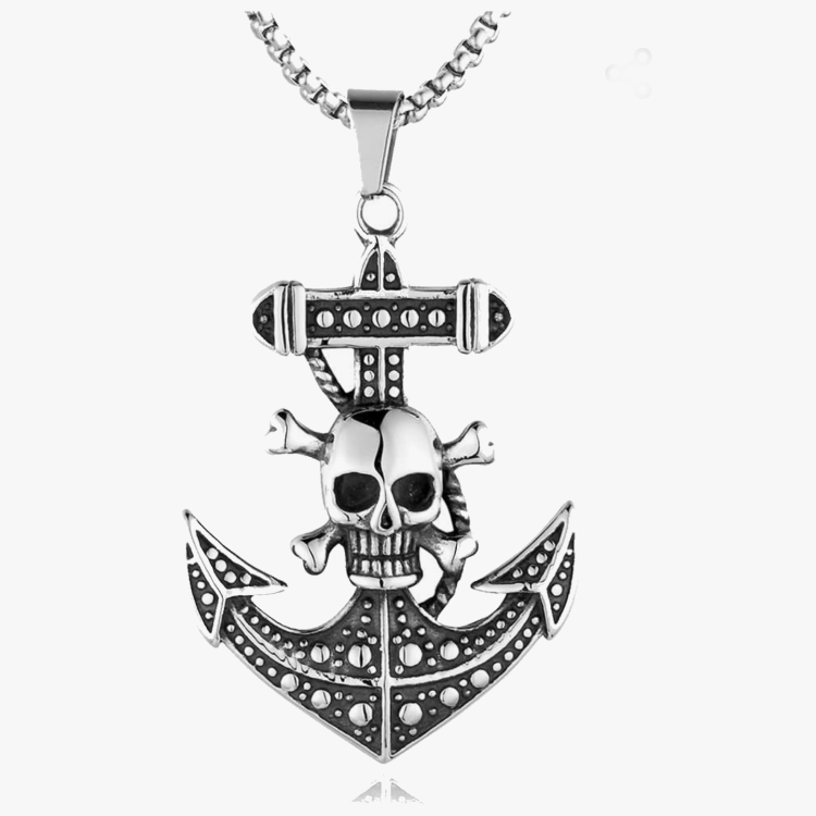 Stainless steel pirate anchor skull pendant with chain, featuring a detailed skull and anchor design, T.M.J brand jewelry.