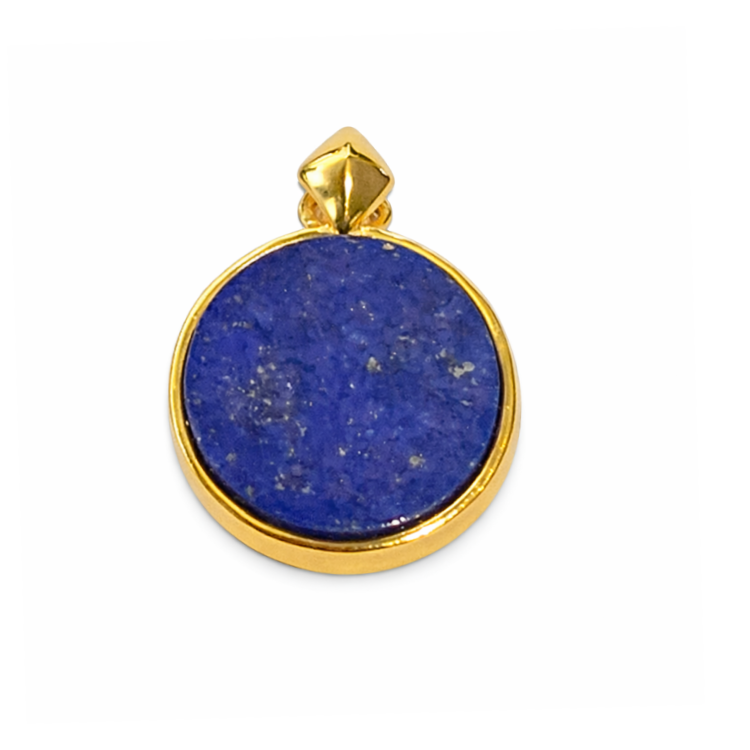 Sterling silver, gold, and lapis lazuli pendant from T.M.J featuring intricate design on a sleek necklace.