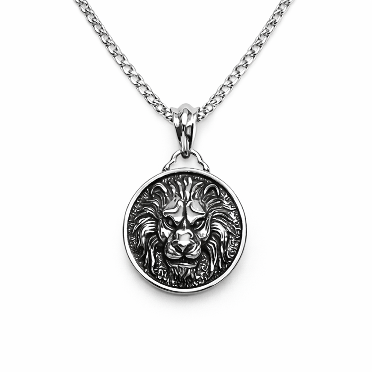 Two-dimensional Nemean Lion stainless steel pendant with chain, featuring detailed lion design by T.M.J.