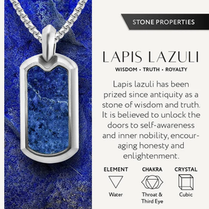 Lapis Valor pendant for women, featuring stainless steel and natural lapis lazuli, displayed on a chain with intricate design details.
