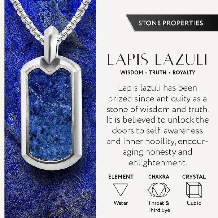 Lapis Valor pendant for women, featuring stainless steel and natural lapis lazuli, displayed on a chain with intricate design details.