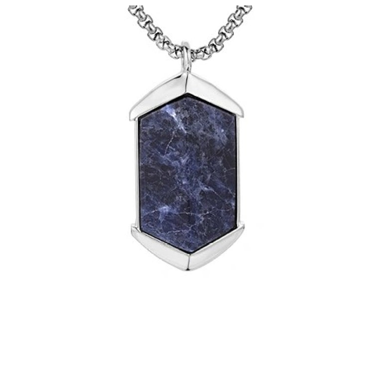 Gold plated stainless steel pendant with silver chain featuring a polished blue sodalite stone, crafted by T.M.J.