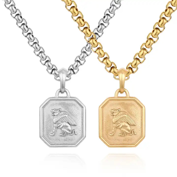 Gold stainless steel Griffin Greek mythology pendant on chain, featuring detailed mythical creature design by T.M.J.