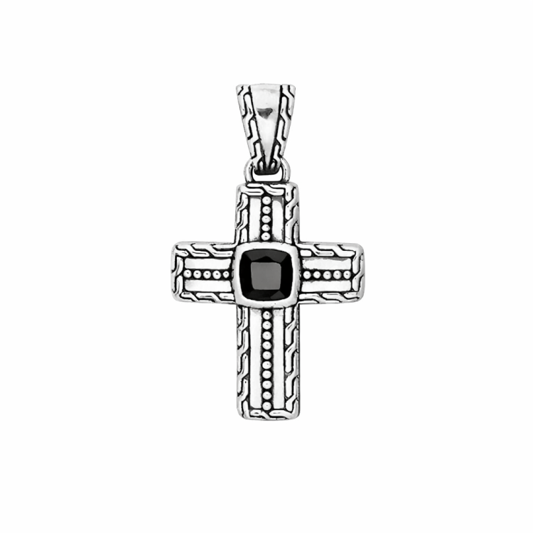 Ashcombe men's sterling silver cross pendant with black onyx, featuring religious design, by T.M.J.