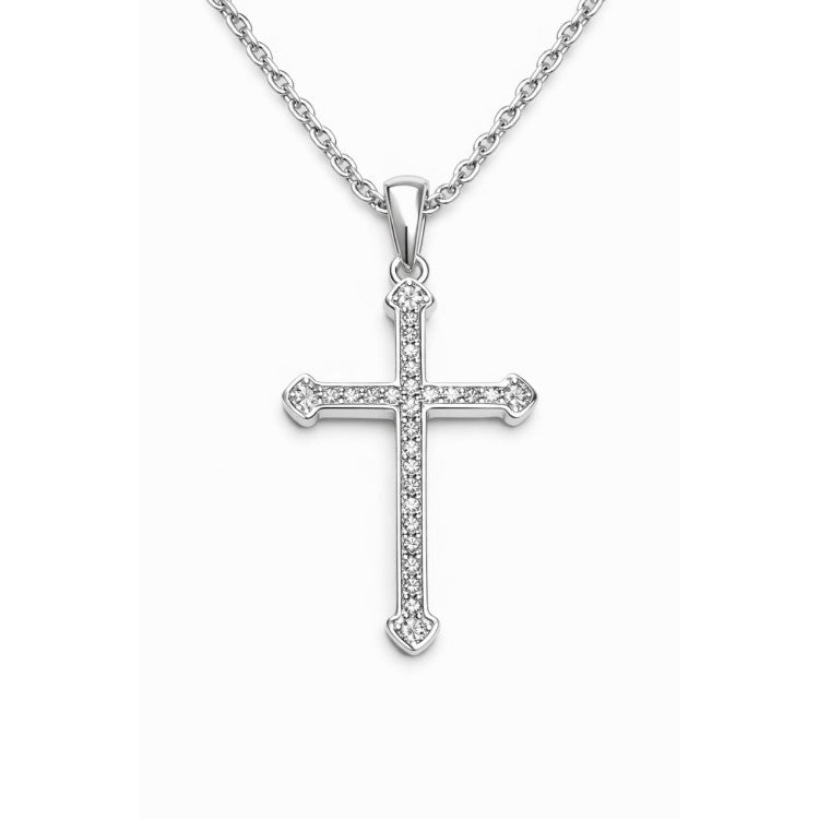 Sterling silver Aurora Cubic Zirconia Cross Necklace by T.M.J, featuring sparkling stones and a detailed religious cross design.
