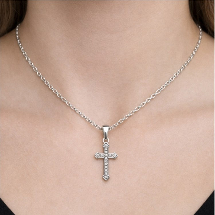 Aurora Sterling Silver Cubic Zirconia Cross Necklace by T.M.J, detailed religious jewelry with sparkling stones, chain not included