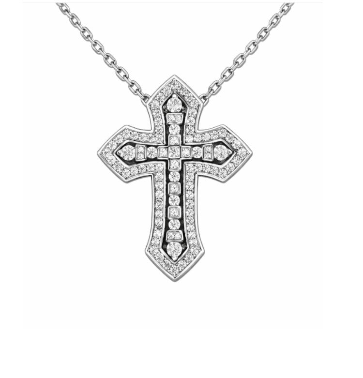 Sterling silver Duetta Dual Cross Pendant Necklace by T.M.J, featuring two religious cross charms on a sleek chain.