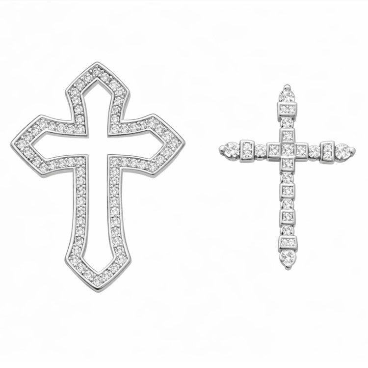 Sterling silver Duetta Dual Cross Pendant Necklace by T.M.J, featuring layered religious cross design.