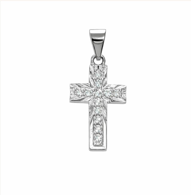 Sterling silver Lucienne CZ cross pendant, 10×20mm, religious jewelry by T.M.J, with chain not included.