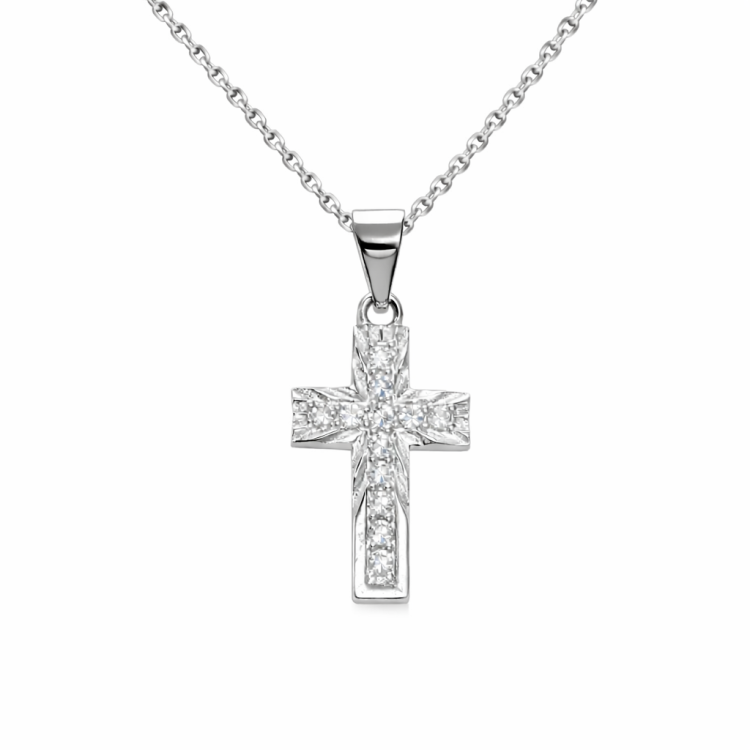 Sterling silver Lucienne CZ cross pendant, 10x20mm, religious jewelry by T.M.J, featuring sparkling cubic zirconia stones.
