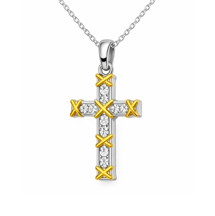 Sterling silver and gold-plated religious cross pendant with cubic zirconia by T.M.J, featuring intricate design and sparkling stones.
