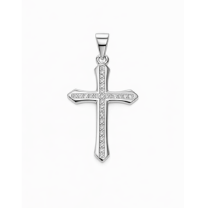 Sterling silver Cubic Zirconia cross necklace by T.M.J, featuring a detailed religious pendant, chain not included.