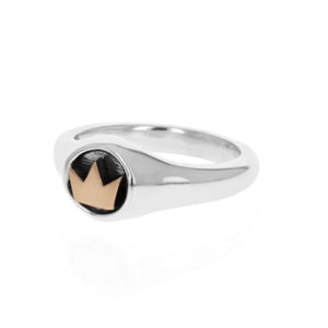Sterling silver Baby King signet ring with 18k gold accents, featuring a detailed design and T.M.J branding.