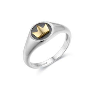 Sterling silver Baby King Signet ring with 18k gold accents by T.M.J, showcasing detailed engraved design and polished finish.