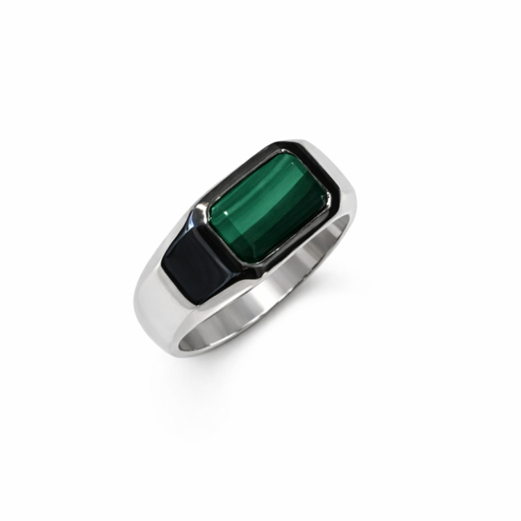 Sterling silver Malachite ring from T.M.J Element Series featuring a polished natural green Malachite gemstone.