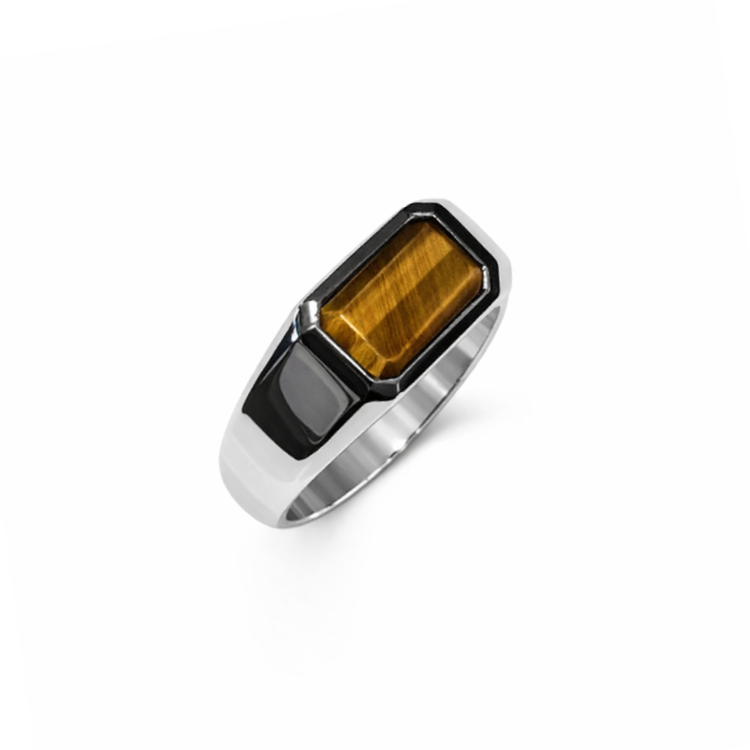 Sterling silver Tiger Eye ring from T.M.J Element Series, featuring a polished natural tiger eye gemstone and detailed band design.