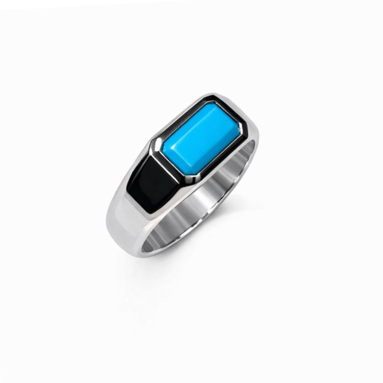 Sterling silver turquoise ring from T.M.J Element Series featuring a natural turquoise stone on a polished silver band.