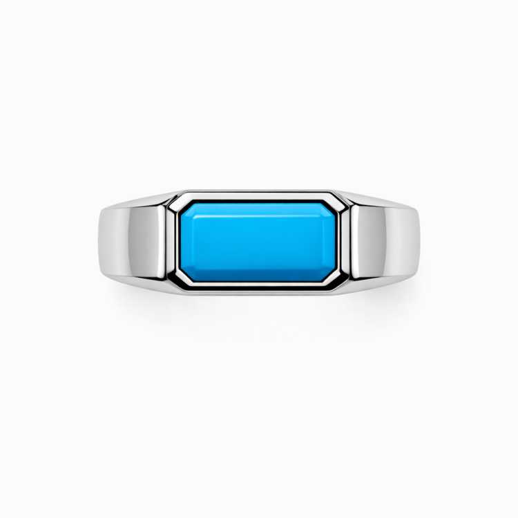 Sterling silver turquoise ring from T.M.J Element Series featuring a natural turquoise gemstone and intricate silver band design.