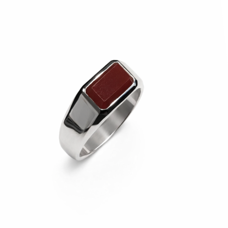 Sterling silver ring from T.M.J Element Series with a vibrant red agate stone, showcasing intricate design and polished finish.