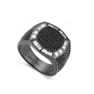 Black-plated sterling silver Hades Regent Ring with black CZ stones, featuring a bold, gothic design from T.M.J Silver Rings.