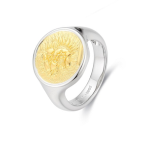 Sterling silver Nemean Lion signet ring with 18k gold accents from T.M.J, featuring detailed lion design on a silver band.
