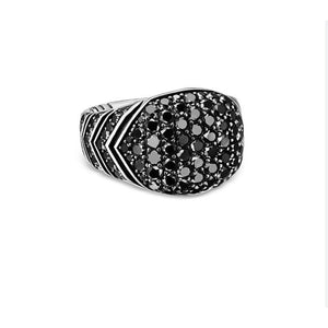 Black-plated sterling silver Nyx Chevron ring with black CZ stones, stylish silver ring from T.M.J.