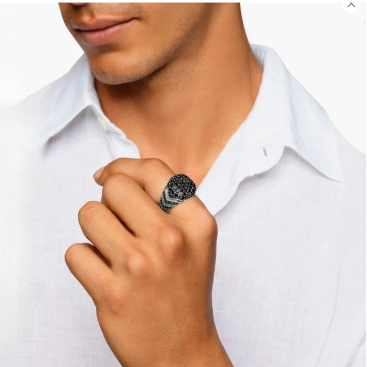 Black-plated sterling silver Nyx Chevron Ring with black cubic zirconia from T.M.J, showcasing a sleek, modern design.