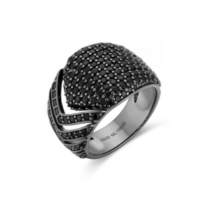 Black-plated sterling silver Nyx Chevron Ring with black CZ, featuring a sleek design from T.M.J silver rings collection.