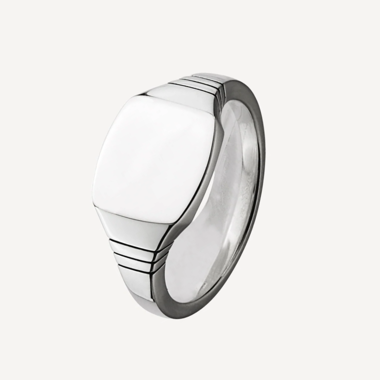 Men's sterling silver signet ring from T.M.J, featuring a classic foundation design and smooth silver finish.