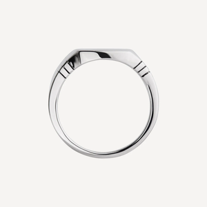 Men's sterling silver signet ring from T.M.J, featuring a smooth polished surface and classic design.