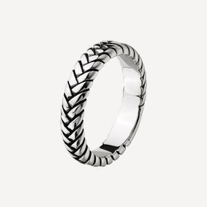 Helix men's sterling silver ring by T.M.J featuring a sleek, modern silver band with intricate design details.
