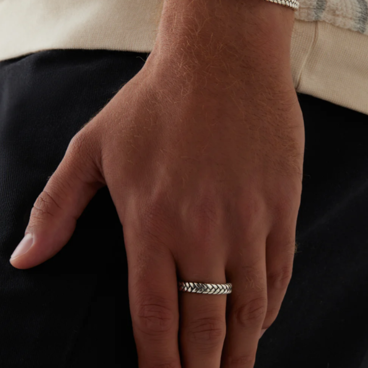 Helix men's sterling silver ring by T.M.J featuring a sleek, polished silver band with modern design elements.