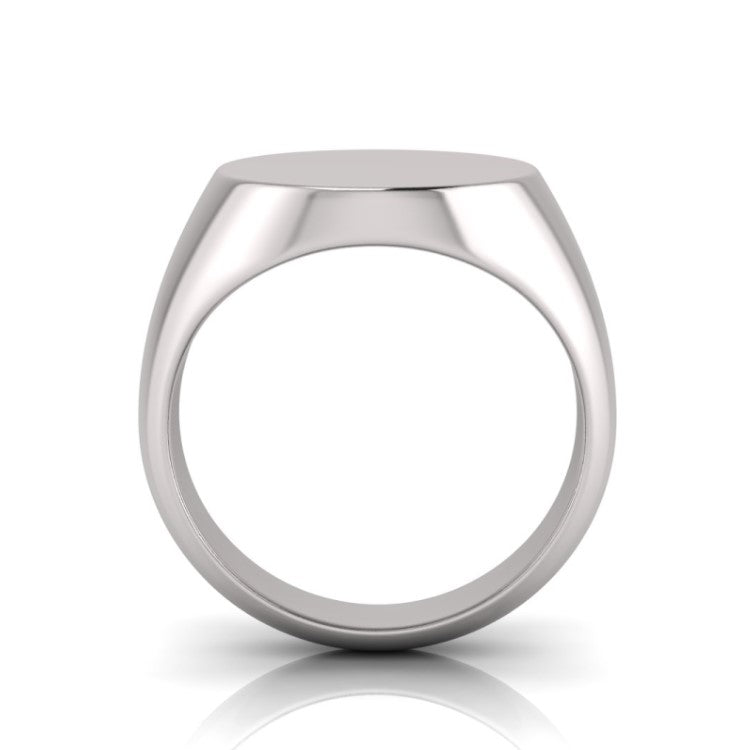 Heritage men's sterling silver oval signet ring by T.M.J, showcasing a polished silver band with engraved design.