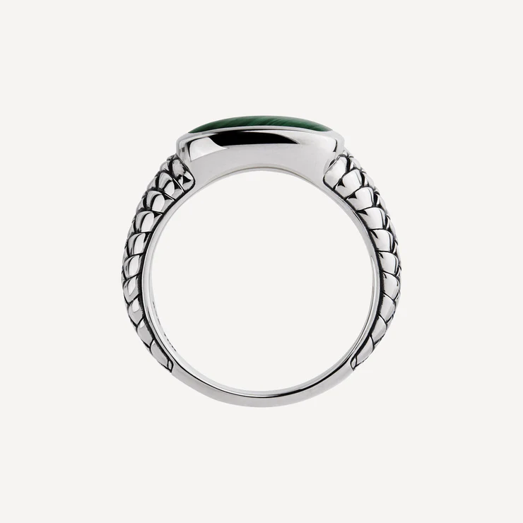 Vanguard men's sterling silver ring with a vibrant green malachite gemstone, crafted in a sleek T.M.J silver ring design.