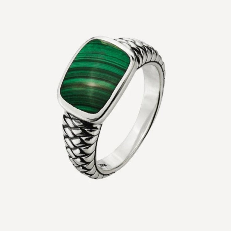 Vanguard men's sterling silver ring with a polished malachite gemstone, crafted in silver, by T.M.J.