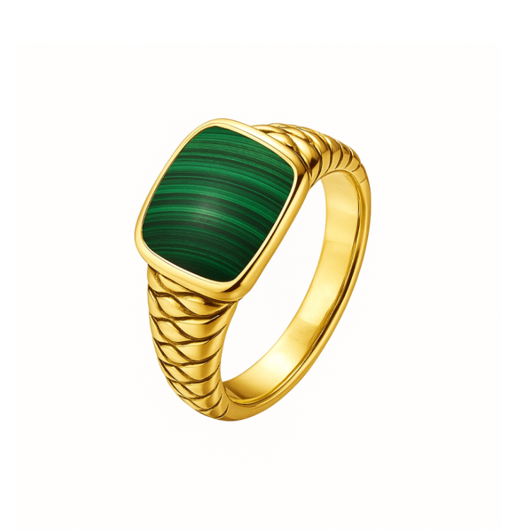 Vanguard men's sterling silver ring with vibrant green malachite stone, T.M.J brand, detailed silver band design