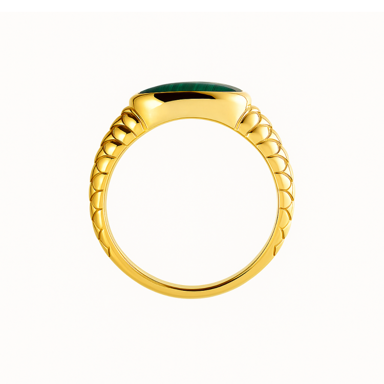 Vanguard men's sterling silver ring with a vibrant green malachite gemstone, featuring intricate silver band detailing.