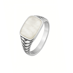 Vanguard men's sterling silver ring with mother of pearl inlay, crafted by T.M.J, showcasing a sleek and elegant design.