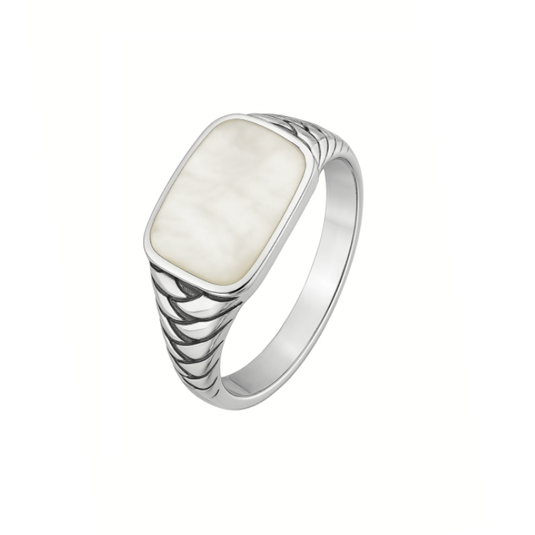 Vanguard men's sterling silver ring with mother of pearl inlay, crafted by T.M.J, showcasing a sleek and elegant design.