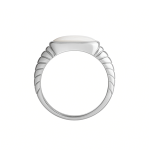 Vanguard men's sterling silver ring with a polished mother of pearl centerpiece, crafted by T.M.J. in silver ring style.