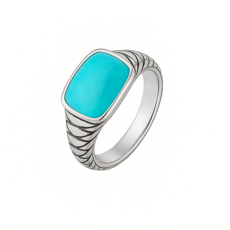 Vanguard men's sterling silver ring featuring a vibrant turquoise stone, displayed on a silver ring band.