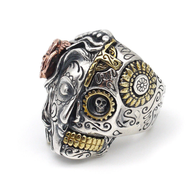 Sterling silver Sugar Skull Santa Muerte twin face ring by T.M.J featuring detailed skull design in a silver ring.
