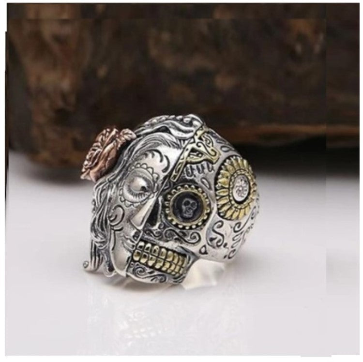Sterling silver Sugar Skull Santa Muerte twin face ring by T.M.J featuring detailed skull design, perfect for gothic jewelry style.