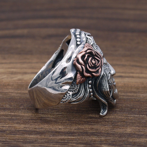 Sterling silver Sugar Skull Santa Muerte twin face ring by T.M.J, featuring detailed skull design in silver jewelry.