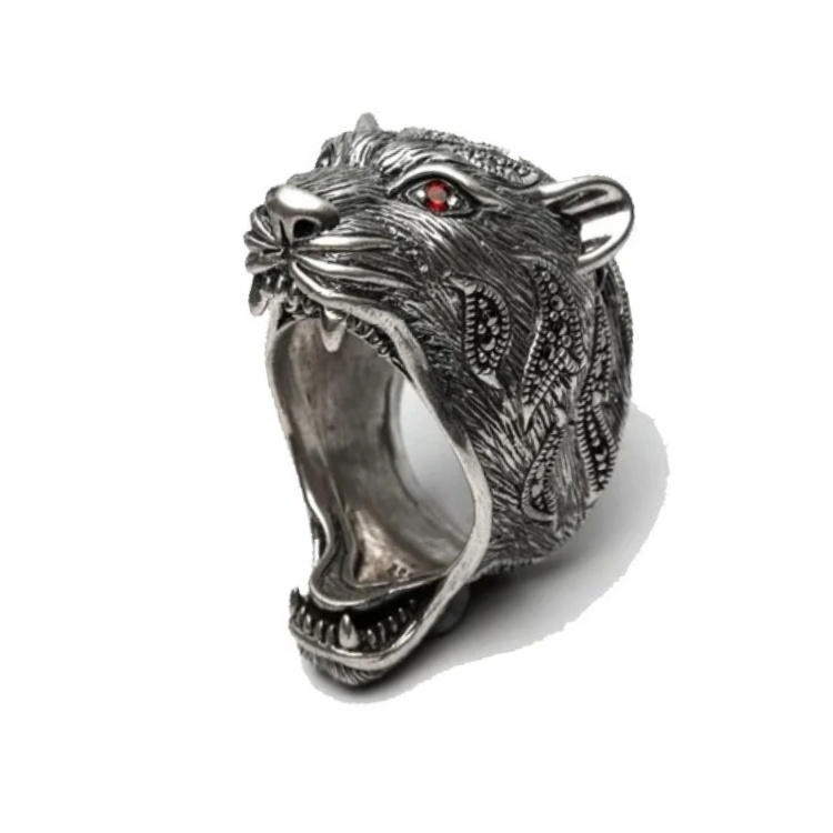 Sterling silver Tiger Marcasite Ring from T.M.J's Animal Collection featuring a detailed tiger design.