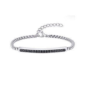 Cassiopeia stainless steel bar bracelet by T.M.J with black CZ stones, sleek and modern jewelry accessory.