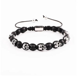 Black agate and stainless steel adjustable skull macrame bracelet by T.M.J with 6mm beads and skull charm.