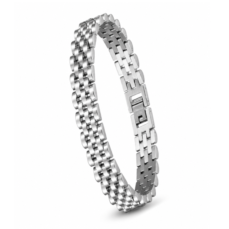Silver stainless steel men's bracelet with luxury brick design, handmade by T.M.J, 10mm wide, 21cm length.