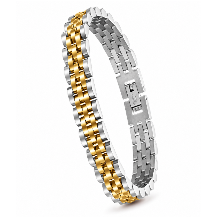 Silver stainless steel men's bracelet with a luxury brick design, 10mm width, handmade by T.M.J, 21cm length.